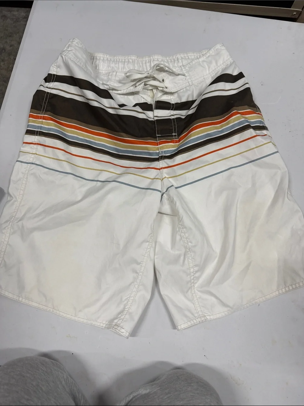 Arizona Jean Company White Swim Shorts with Brown and Orange Stripes